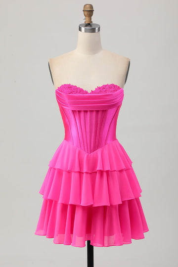 Fuchsia Corset Tiered A Line Strapless Homecoming Dress